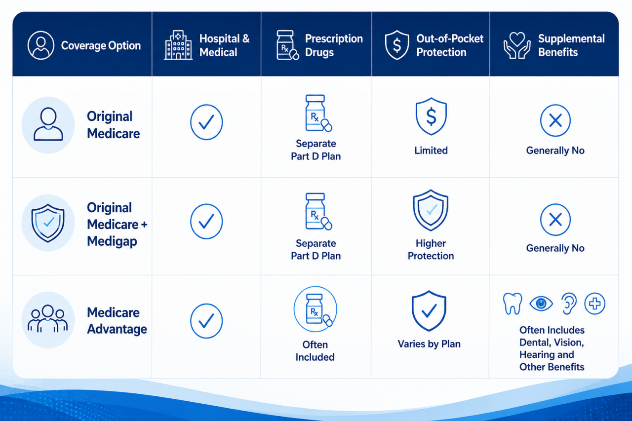 Chart listing what is included on Original Medicare, Original Medicare + Medigap, and Medicare Advantage plans. Hospital & Medical are included in all. Prescription drugs are often included in Medicare Advantage but require a separate Part D Plan for Original Medicare and Original Medicare + Medigap. Original Medicare has limited out-of-pocket-protection, Original Medicare + Medigap has higher protection, and Medicare Advantage varies by plan. Supplemental benefits are generally not included for Original Medicare and Original Medicare + Medigap. Medicare Advantage often includes dental, vision, hearing and other benefits.